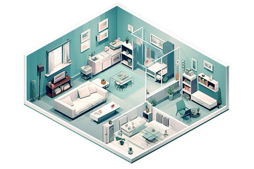 Isometric flat interior of hospital room, pharmacy, doctor's office, waiting room, reception, mri, operating. Doctors treating the patient. isolated on a Transparent background. Generative AI