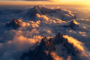 Sunrise above the clouds with mountain peaks