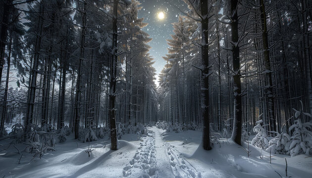 Dreamlike forest bathed in moonlight - wide format