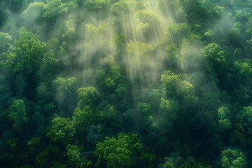 Fototapeta na wymiar Sunrays piercing through a misty forest canopy