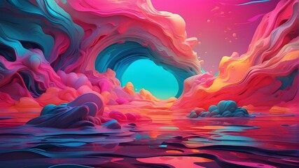 Harmonious collision of neon gradients giving birth to a surreal abstract dreamscape 
