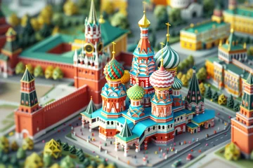 Gordijnen 3D isometric diorama model of the Kremlin and Red Square in Moscow, Russia, showcasing its iconic cathedrals, fortress walls © patrapee5413
