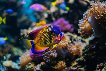 Naklejka na ściany i meble Colorful fish swimming in a coral reef aquarium