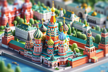 3D isometric diorama model of the Kremlin and Red Square in Moscow, Russia, showcasing its iconic cathedrals, fortress walls