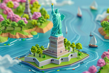 3D isometric diorama model of the Statue of Liberty in New York Harbor