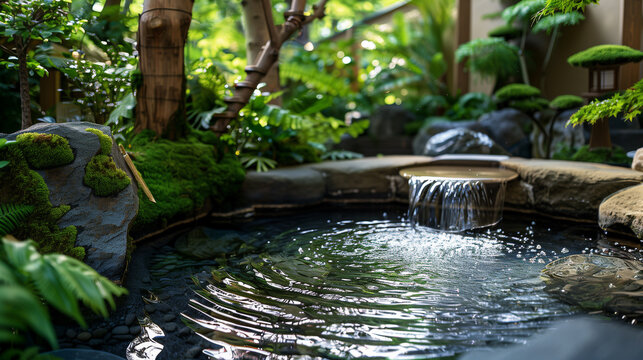  zen garden with lush foliage and tranquil water features, offering a harmonious backdrop for showcasing wellness and relaxation