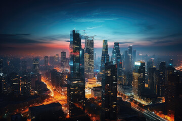 Twilight Cityscape of Bustling Business District