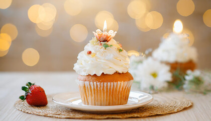 Obraz na płótnie Canvas delicious birthday cupcakes on table on light background