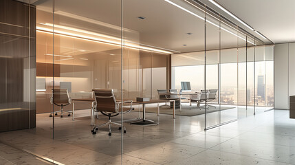 A sleek modern office with glass partitions and ergonomic furniture