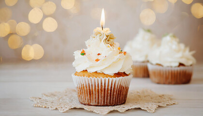 delicious birthday cupcakes on table on light background
