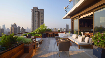 Fototapeta premium A sleek rooftop garden with lush greenery and panoramic views