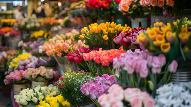 A vibrant flower market with rows of colorful blooms and fragrant bouquets