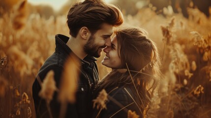 Close-up portrait of a caucasian young loving couple embracing while standing on a roadside. Couple embracing road travel. Sunset scene