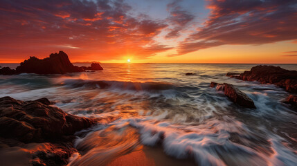 Obraz premium Serene Sunset at Rocky Seashore with Waves