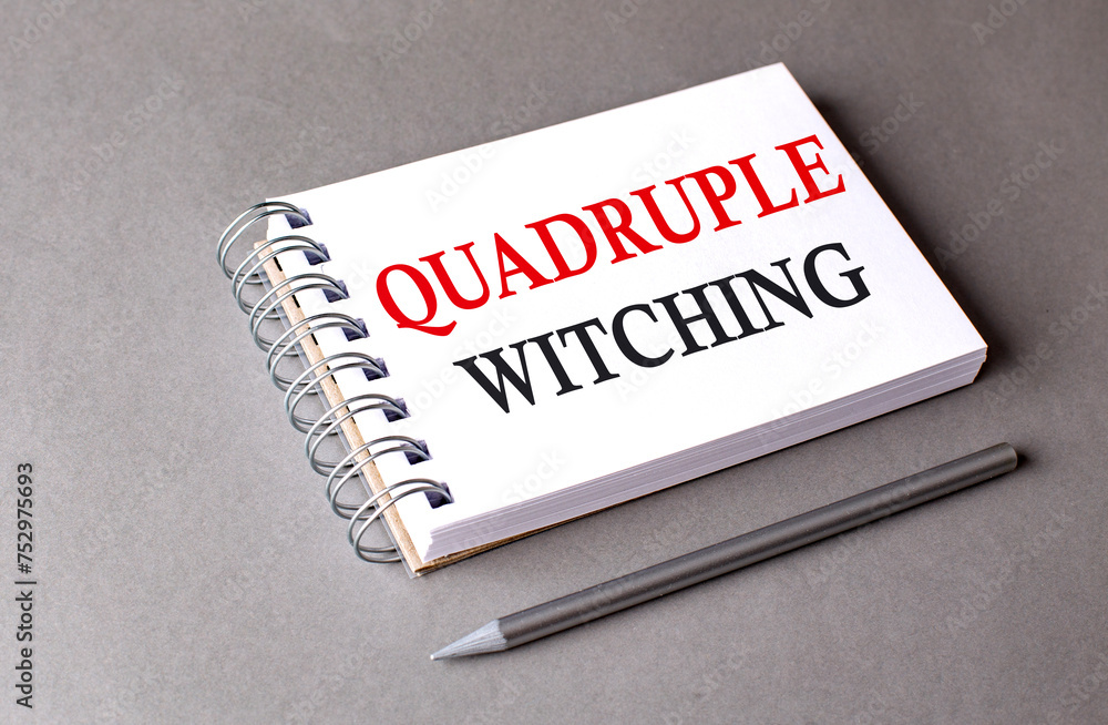 Poster quadruple witching word on notebook on grey background