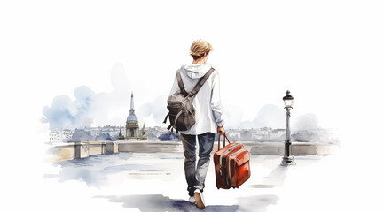 France traveling ads watercolor illustration, tourist with luggage in Paris, flight booking promotion, last minute voyage adventure - plane travel guide advertising asset drawing.