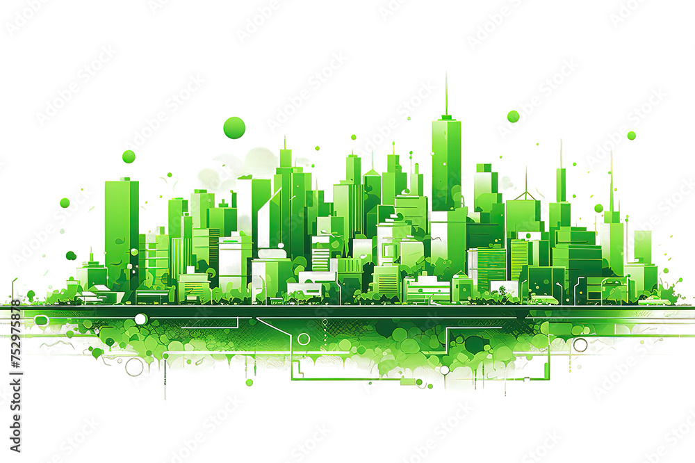 Poster wide 3d cityscape model in shiny green isolated on a transparent background. generative ai