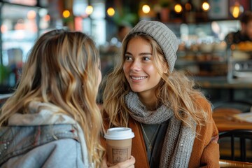 Two friends are having a warm conversation over coffee in a cozy cafe, smiling and enjoying each other's company