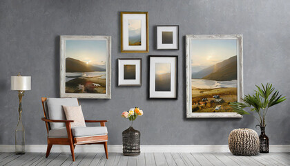different size framed photos hanging on the gray wall.