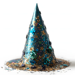 Sparkly Blue Party Hat Isolated on White Background. Birthday Cap