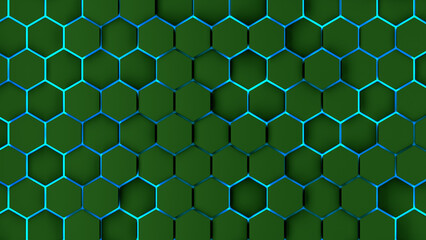 Abstract green & blue light hexagon line in green modern luxury futuristic background. Hexagonal dark green with blue light. Copy space, add text or logo. Modern ,futuristic, cyber background illustra