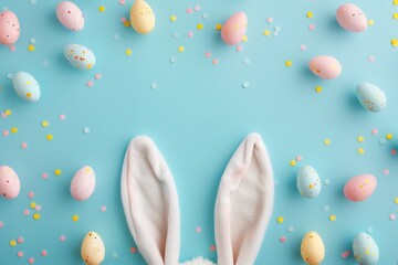 easter bunny ears white pink blue and yellow eggs on an isolated pastel blue background with copy...