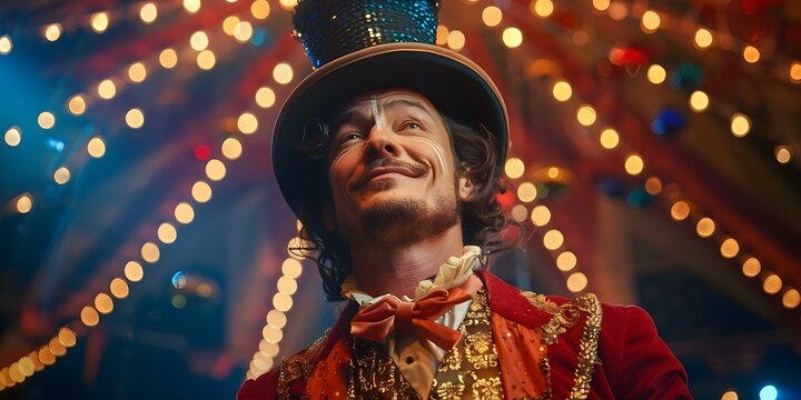 Man in circus attire and top hat poses among dazzling circus lights. Concept Circus, Top Hat, Dazzling Lights, Performance, Showmanship