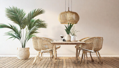 Dining room wall mock up with Areca palm, rattan dining set, wooden table on wooden floor