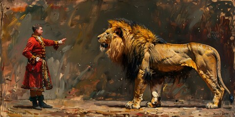 Vintage circus lion tamer painting intricately crafted with rich colors and detail. Concept Vintage Art, Circus Theme, Lion Tamer, Rich Colors, Intricate Detail