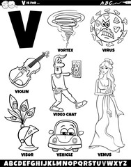 Letter V set with cartoon objects and characters coloring page
