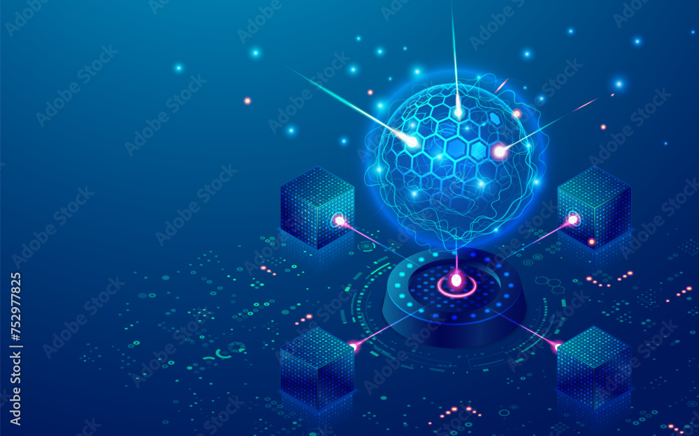 Poster graphic of quantum computer presented with isometric view