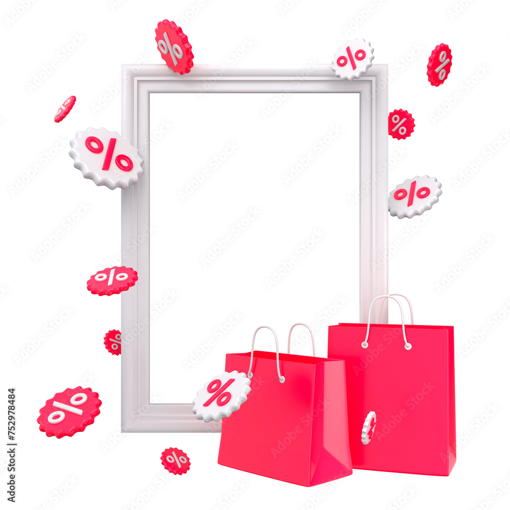 Wall mural White frame with percentage emblems and bags for sales isolated. Offer promotion concept mockup. 3d rendering