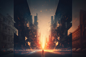 Surreal Cityscape with Solitary Figure at Sunset