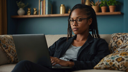 Engagierte junge Frau nutzt Laptop für produktive Arbeit im Home-Office - obrazy, fototapety, plakaty