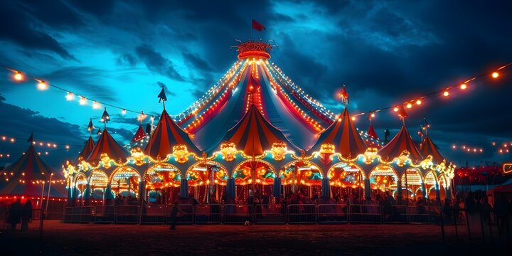 Vibrant circus tent at night filled with enthusiastic spectators and lights. Concept Circus Night, Enthusiastic Spectators, Vibrant Lights, Nighttime Atmosphere