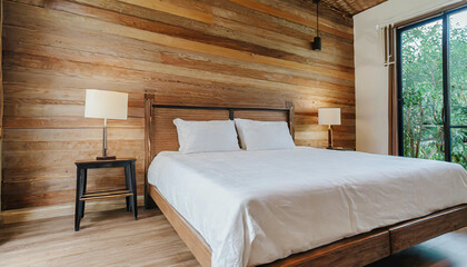 empty double bed and lamp on side of bed in luxury and natural style bedroom is decorated with wooden boards
