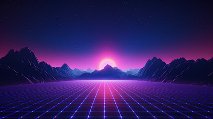 Abstract retro sci-fi grid 80's, 90's neon colors night and sunset, vintage cyberpunk illustration generative ai
