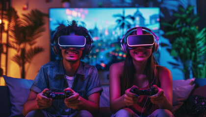Modern youth in a virtual reality headset play video games in an online club.