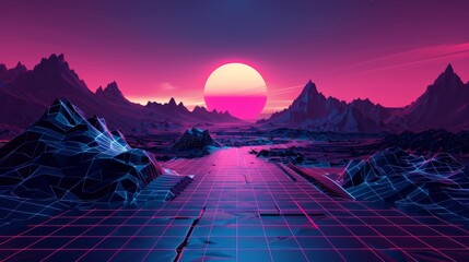 Retro-futuristic abstract landscape with neon colors and geometric shapes