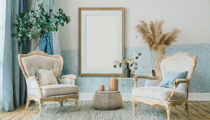 An empty poster frame mockup on the wall with natural bright light in the livingroom.