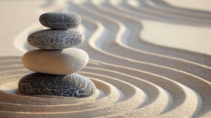 Abstract zen garden background with sand patterns and smooth stones