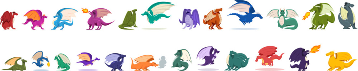 Flying fantasy dragon icons set cartoon vector. Animal wings. Reptile magic scary