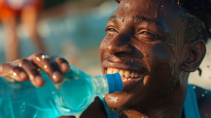 Ultra realistic close-up photography of famous soccer player vinicius jr smiling sweaty and drinking a cyan gatorade glass bottle, captured by an iphone 14 pro max - obrazy, fototapety, plakaty