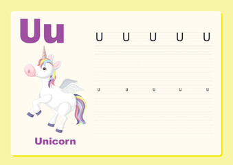 Vector illustration Alphabet Letter U - Unicorn exercise with cartoon vocabulary, worksheet editable template