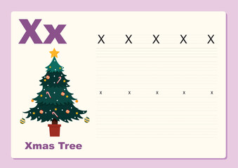 Vector illustration Alphabet Letter X - X-mas Tree exercise with cartoon vocabulary, worksheet editable template