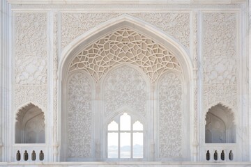 Fototapeta na wymiar Ornamented arched vault on white marble, latticed window, view from below, close-up in India, Agra
