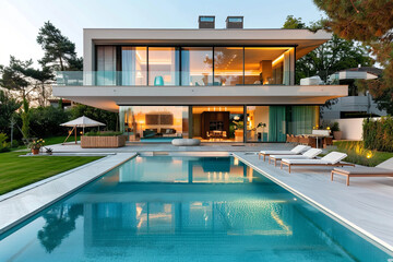 A modern house with a swimming pool - obrazy, fototapety, plakaty