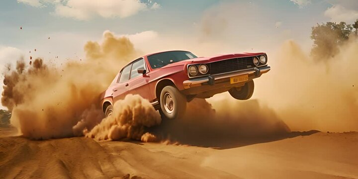 Seventies style car stunt or car jump. A normal sedan-type stock car, in mid air during a car jump with a dirt trail. 4K Video