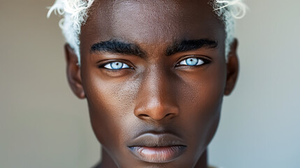 Portrait of a young African man with light blue eyes and white hair.