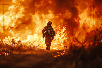 Fototapeta premium A fireman extinguishing a large forest fire